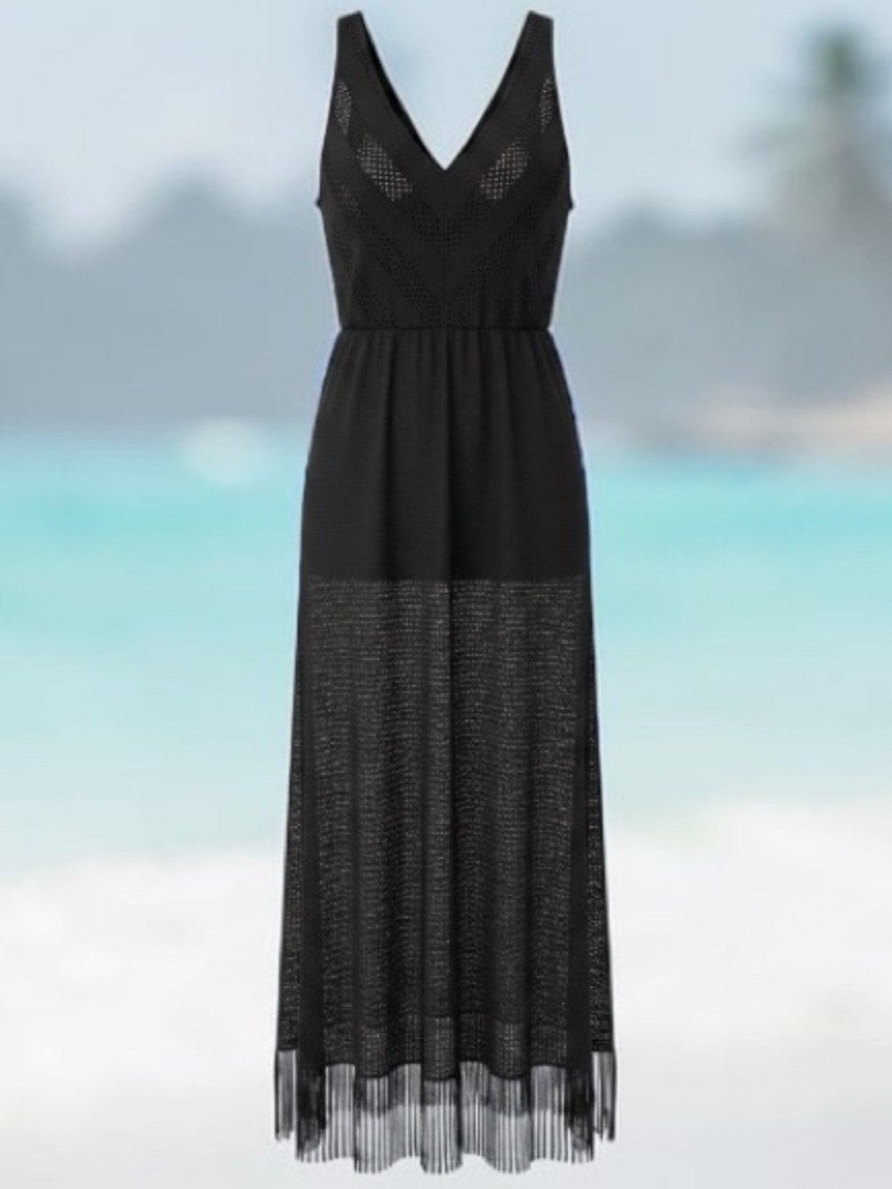 Emma & Michele black sleeveless maxi fringe dress